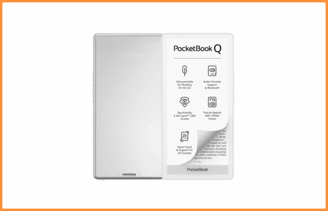 Biały PocketBook Q czytnik e-book o kształcie smartfona pokazany z przodu i z tyłu na białym tle.