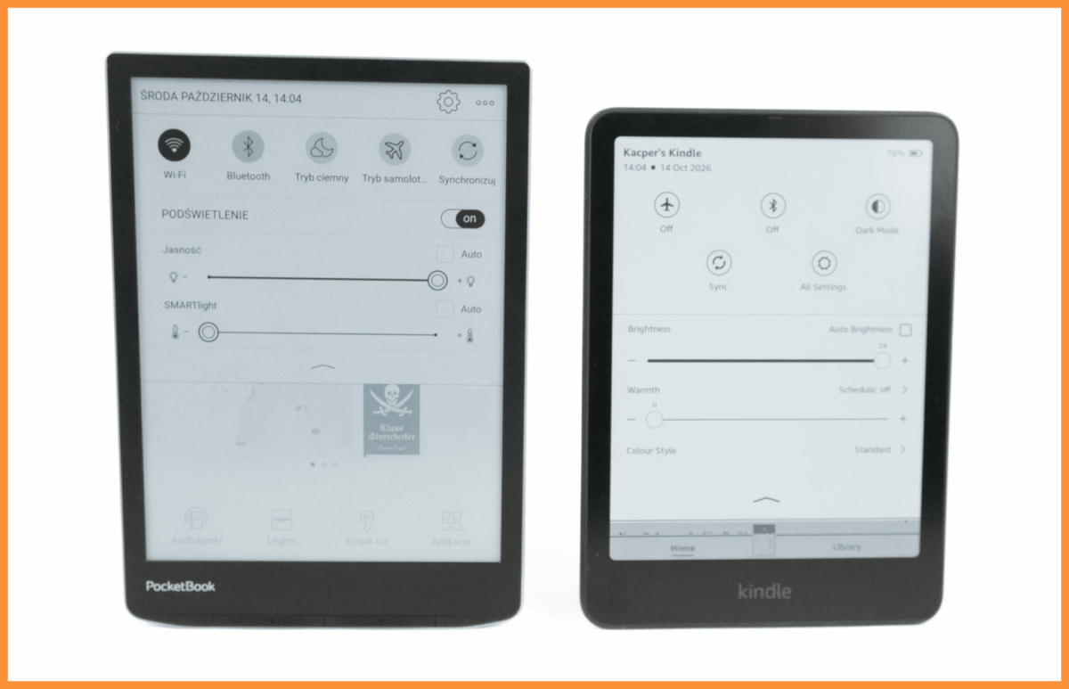 Dwa czytniki e-booków, stojące obok siebie, z uruchomionym interfejsem.