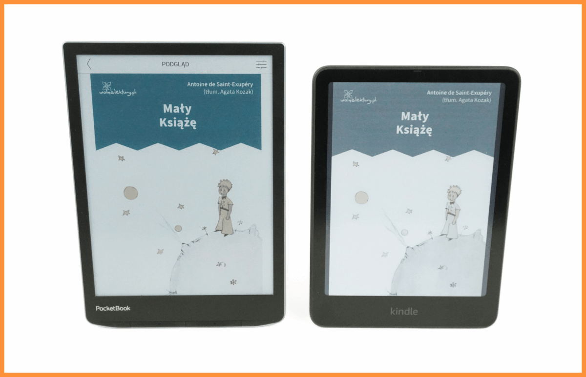 Porównanie okładek tej samej książki "Mały Książe" na dwóch czytnikach do książek elektornicznych: Kindle Colorsoft SE i PocketBook InkPad Color 3