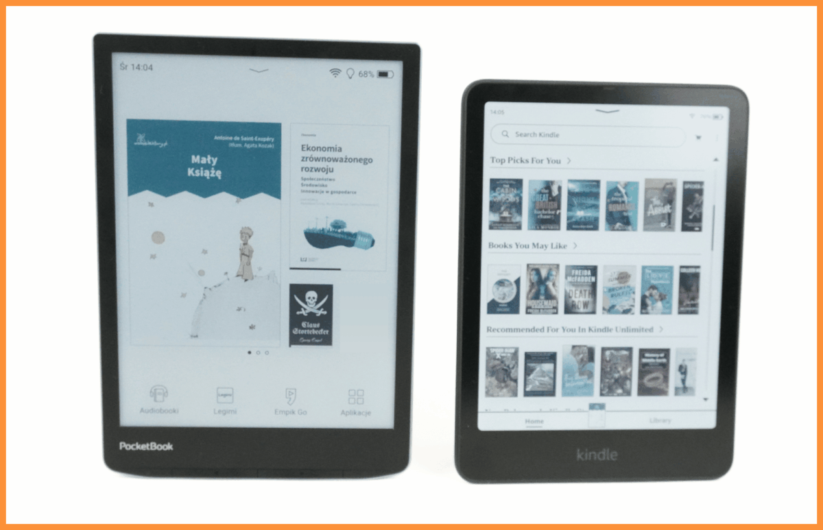 Dwa uruchomione czytniki Kindle i PocketBook, stojące obok siebie.