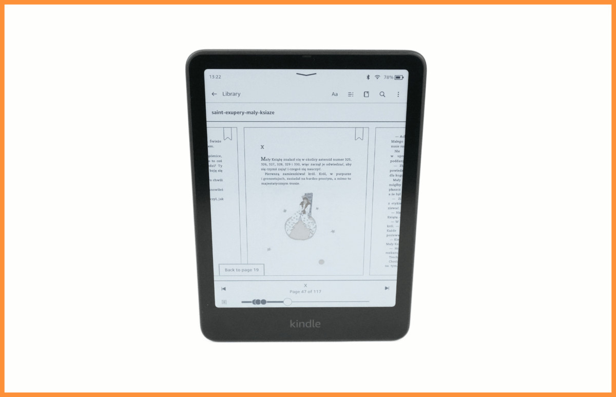 Czytnik e-booków Kindle Colorsoft SE z uruchomionym panelem czytania i ilustracją z książki "Mały Książe".