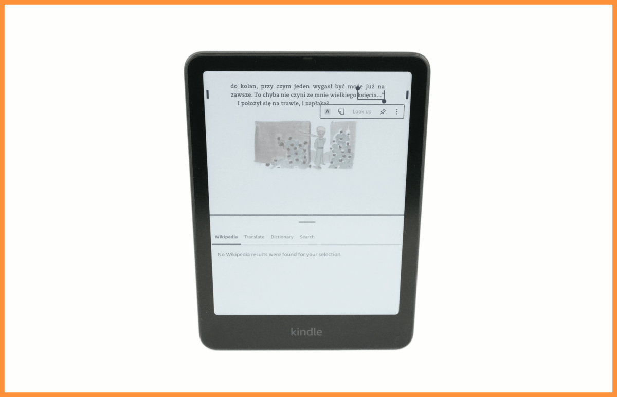 Czytnik e-booków Kindle Colorsoft SE z zaznaczonym słowem i ilustracją z książki "Mały Książe".