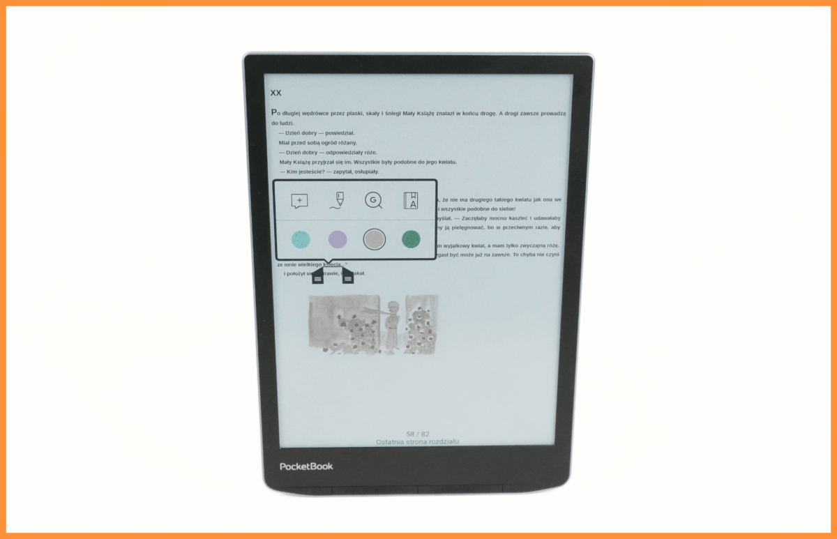 Tablet do e-booków PocketBook InkPad Color 3 z zaznaczonym słowem i ilustracją z książki "Mały Książe".