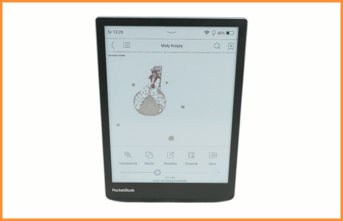 Tablet do e-booków PocketBook InkPad Color 3 z panelem czytania i ilustracją z książki "Mały Książe".