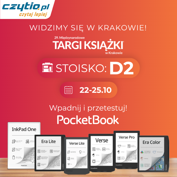 Grafika czytio.pl zapraszająca na 29. Międzynarodowe Targi Książki w Krakowie, 22&ndash;25 października 2026 r. Stoisko D2, na kt&oacute;rym odwiedzający mogą przetestować czytniki PocketBook.